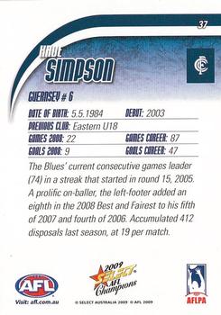 2009 Select AFL Champions #37 Kade Simpson Back